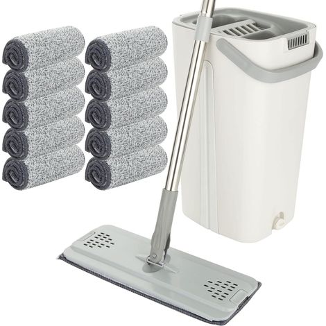Flachmopp- Und Freihand-eimer-set, 10 Mikrofaser-pads, 123 Cm Edelstahlgriff, Geeignet Für Fliesen-, Marmor- Und Holzböden