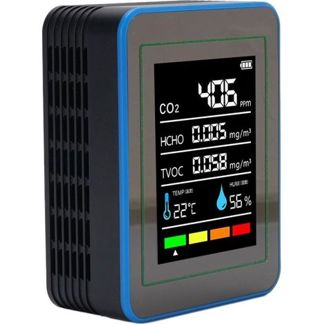 5-in-1-luftqualitätsmessgerät, Co2-, Tvoc-, Hcho-, Temperatur- Und Feuchtigkeitsmessung, Tragbares, Wiederaufladbares Messgerät, Schwarz Und Blau