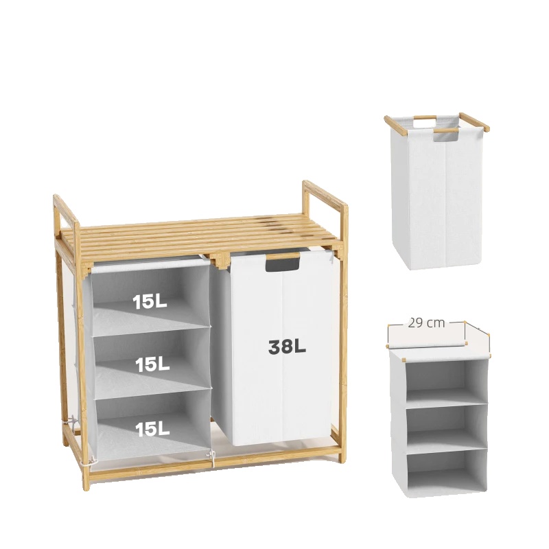 Wäschekorb Aus Bambus, Maße 70 X 36 X 70 Cm, 3 Fächer, Tragkraft 13 Kg, Leicht Mit Seitlichen Tragegriffen