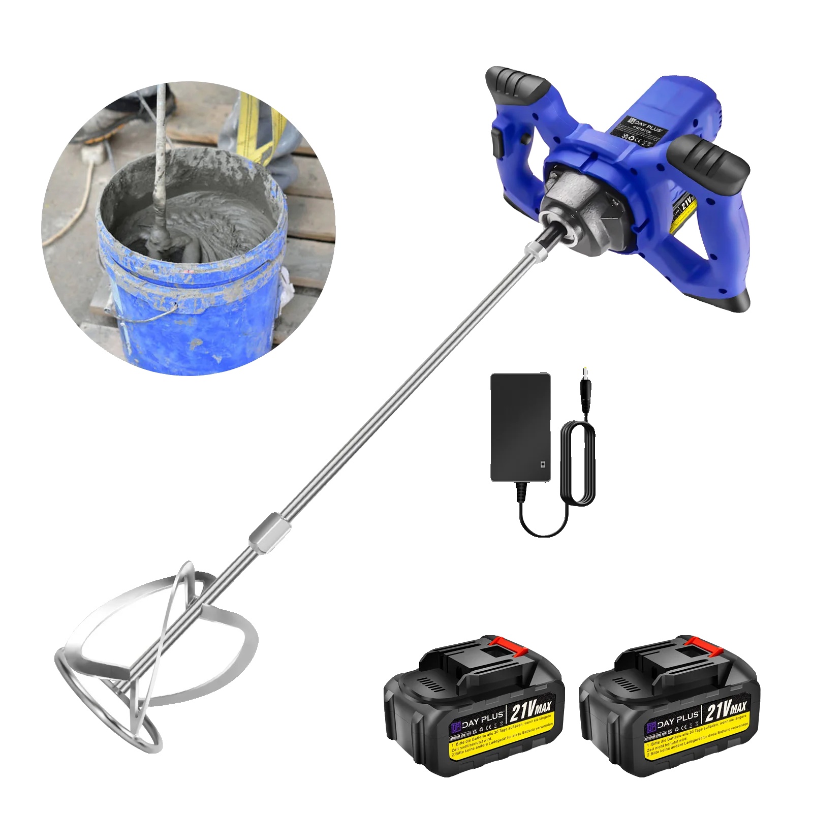 Akku-betonmischer, 5000 W Leistung, 6 Geschwindigkeitsstufen, 2 X 1500 Mah Lithium-ionen-akkus, 4 Kg Gewicht, M14 Mischwelle