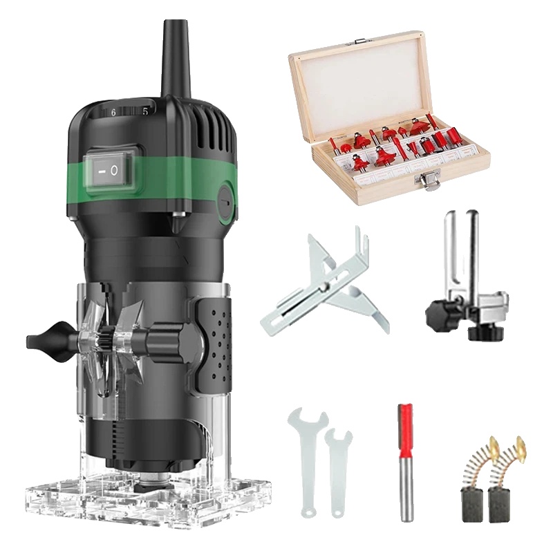 Elektrische Oberfräse, Hochleistungsmotor, Variable Drehzahlregelung, Eu-stecker + 15-teiliges Fräserset