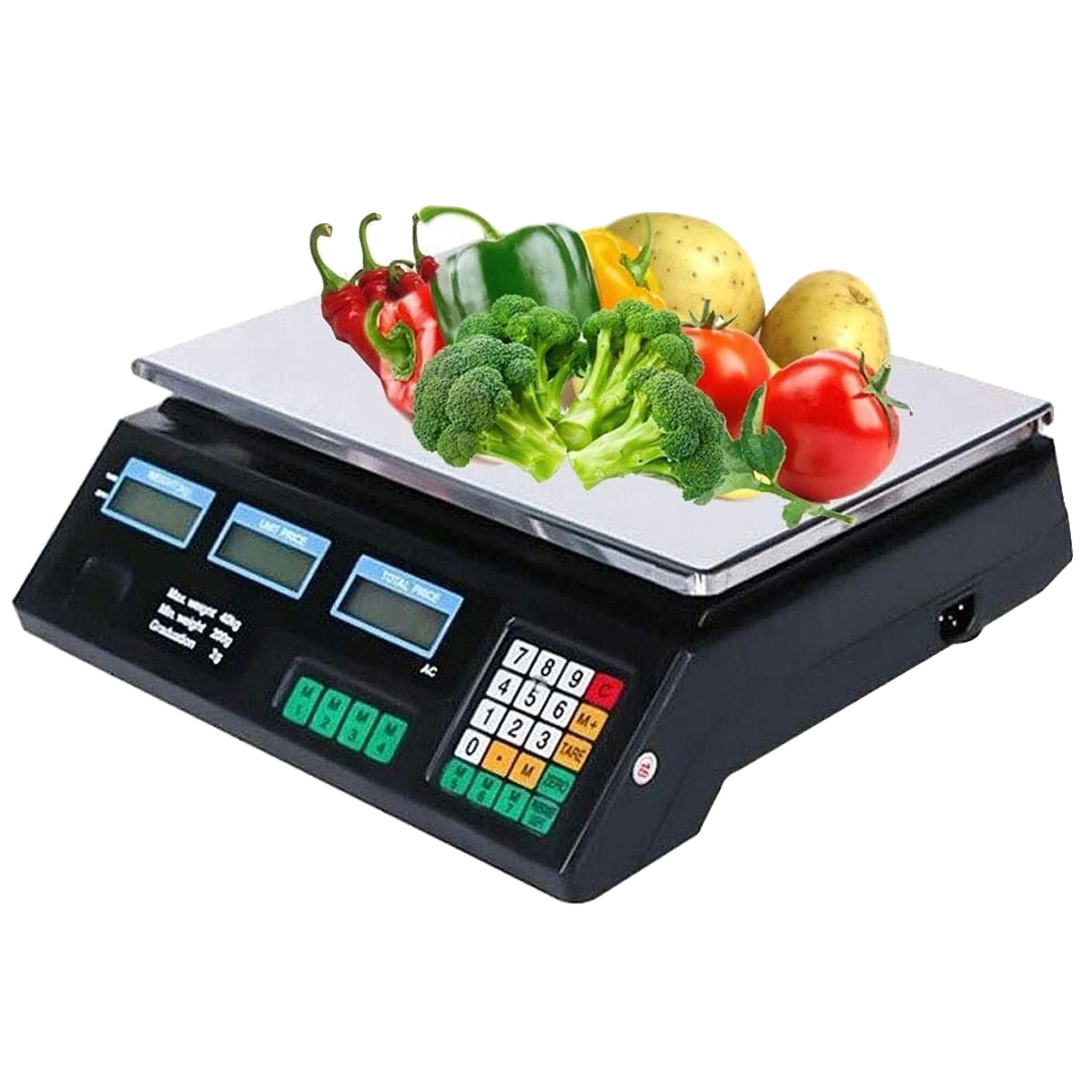 Digitale Gewerbewaage, Maximalgewicht 40 Kg, 5-g-teilung, Abmessungen 370 X 130 X 355 Mm, Stromversorgung 110–240 V, Doppelseitiges Led-display