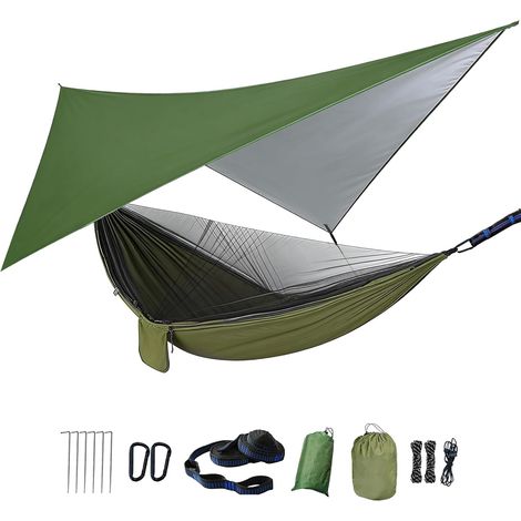 Doppelhängematte Mit Moskitonetz, Regenschutz, 210t Nylon, Baumgurten, Für Camping Und Wandern