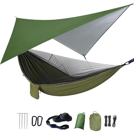 Hängematte Mit Moskitonetz, 210t Nylon, Inklusive Regenschutz, Baumgurten, Geeignet Für Camping Und Wandern