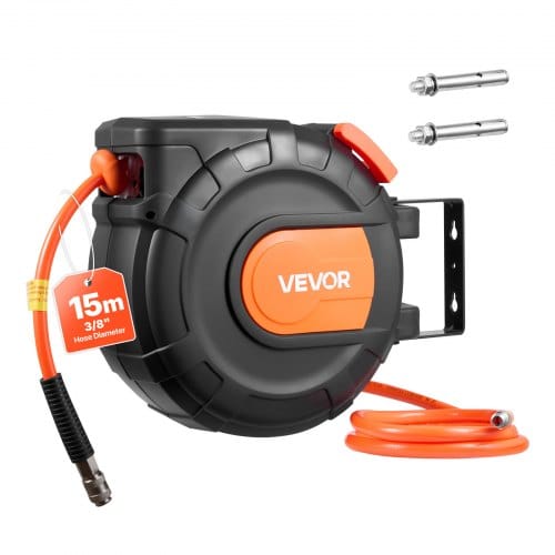 VEVOR Druckluftschlauchtrommel, 9,5 mm x 15 m PVC-Schlauch, 20 bar, Geschlossener Schlauchaufroller mit Automatischer Aufwicklung & 1 m Zuleitung,