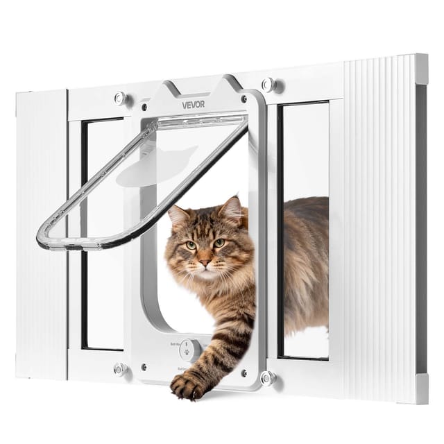 Vevor Katzenklappe Katzentür Anpassbar An Fensterbreiten (584-711 Mm), Wetterfeste Haustiertür Mit 4 Sicheren Verriegelungsmodi & Aluminiumrahmen & Hochtransparentem Glas & Magnetverschluss, Weiß