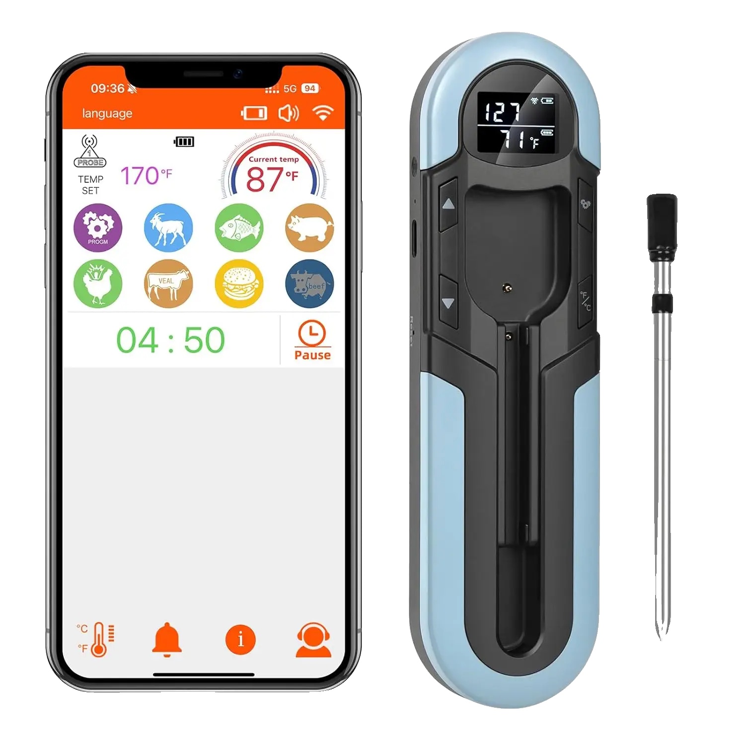 Fleischthermometer, Bluetooth-verbindung, Wasserdichtes Design, Blau