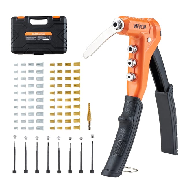 Vevor Nietmutternzange Set 23 Cm, Einhandbetrieb Nietzange Mit 8 Dornen & 1 Stufenbohrer & 80 Muttern In Metrischen Und Sae-größen M3, M4, M5, M6, 6-32, 8-32, 10-24, 1/4-20 Unc Inkl. Tragekoffer
