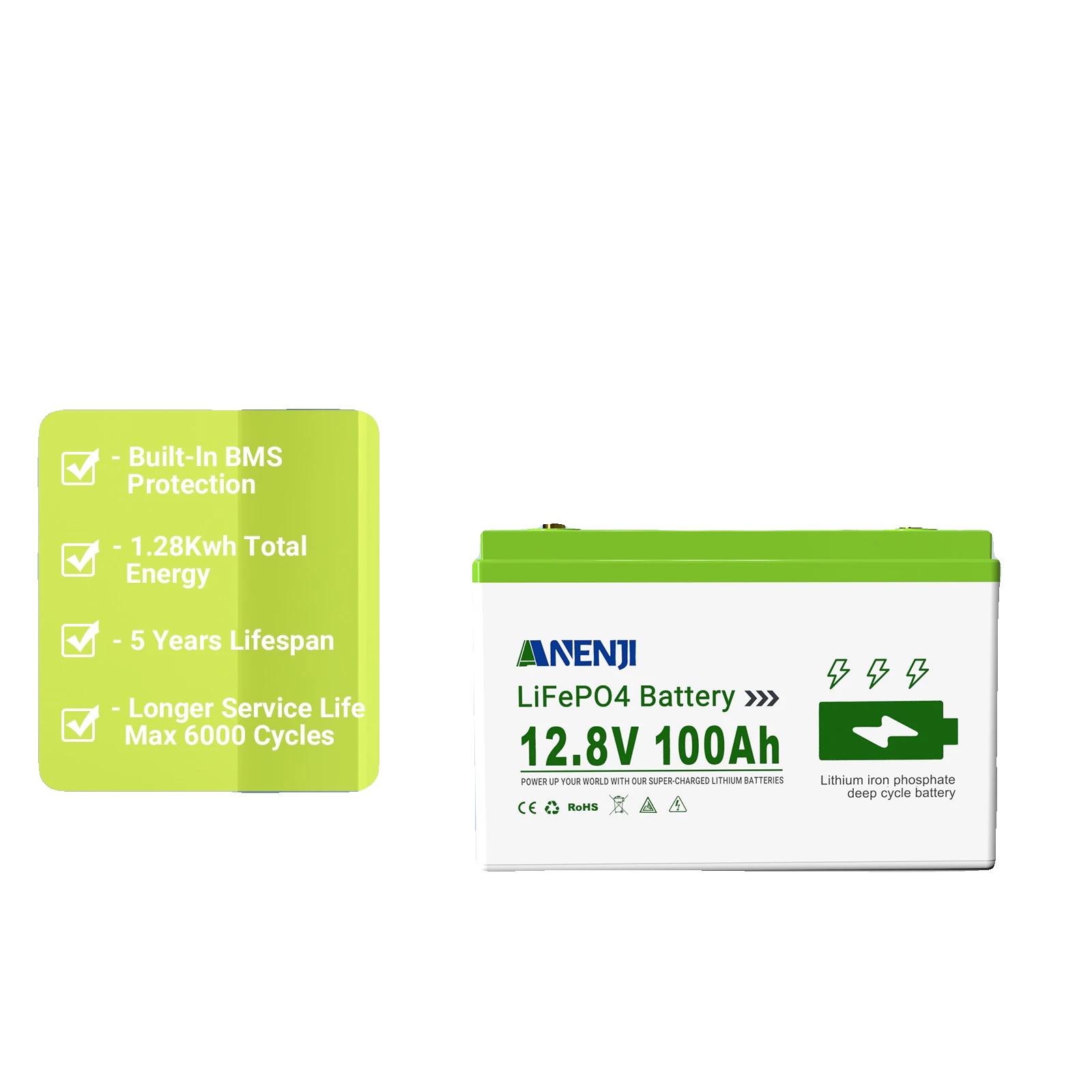 Lithium-eisenphosphat-batterie, 100 Ah Kapazität, Bms-schutz, Anj-12v-100ah