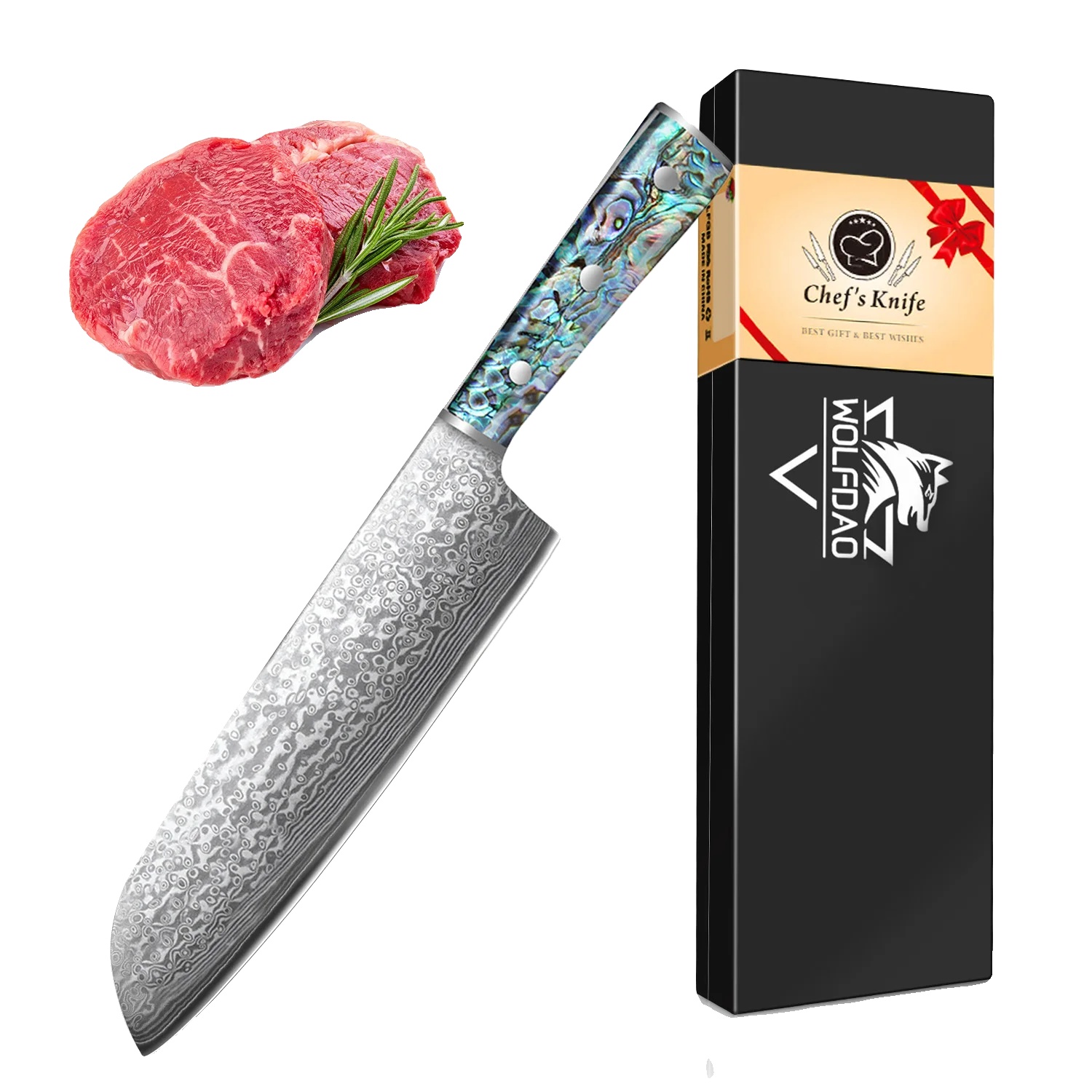Santoku-messer, Klinge Aus Damaszenerstahl, Griff Aus Abalone-muschel, Multi