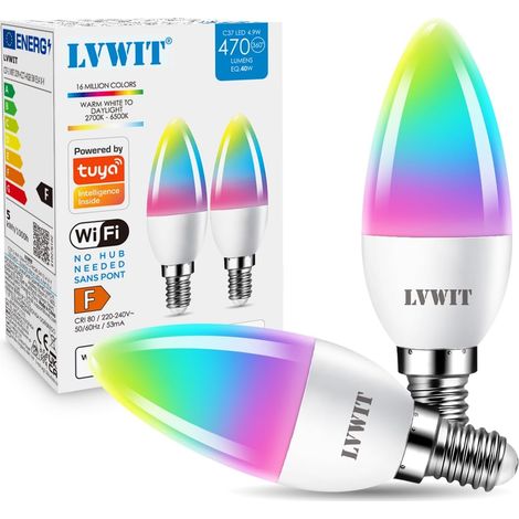 2er-pack E14-smart-glühbirnen, 4,9 W Wlan-led-kerzenlicht, Kompatibel Mit Alexa Und Google, 470 Lm, Innenbeleuchtung