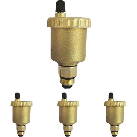 4er-set Automatische Lüftungsventile M12/17, Gebürstetes Messing, Vertikaler Auslass, Absperrventil, Heizung
