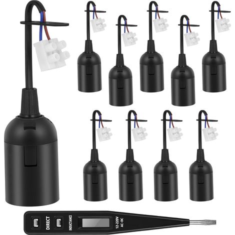 10er-pack E27-fassungen, 12 Cm Kabel, Schwarzer Kunststoff, Spannungsprüfer, Beleuchtungsrenovierung