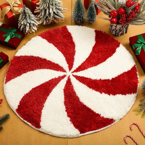Weihnachtliche Badematte 60 Cm – Waschbare Runde Badematte, Rot-weiße Bonbon-badematte, Rutschfeste Winter-badematte, Saugfähige Badematte Mit Unterseite Für Badewanne, Wohnzimmer Und Badezimmer