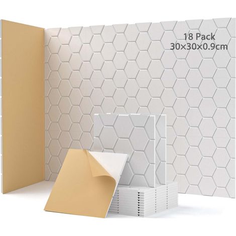 Set Mit 18 Selbstklebenden Akustikpaneelen (30 X 30 X 0,9 Cm) Zur Schalldämmung Und Wanddekoration Für Studio Und Büro (weiß)