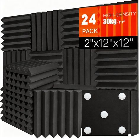Set Mit 24 Selbstklebenden Akustikpaneelen, Schwer Entflammbarer Polyurethanschaum, Schwarz, 12 X 12 Cm