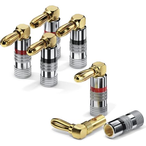 Set Mit 4 90°-winkel-bananensteckern, 24 Karat Vergoldet, Für 6 Mm² Kabel, Rote Und Schwarze Farbringe