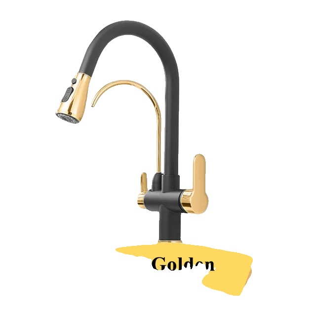 Küchenarmatur, Doppelgriff, 360° Schwenkbarer Auslauf, Schwarz Gold A