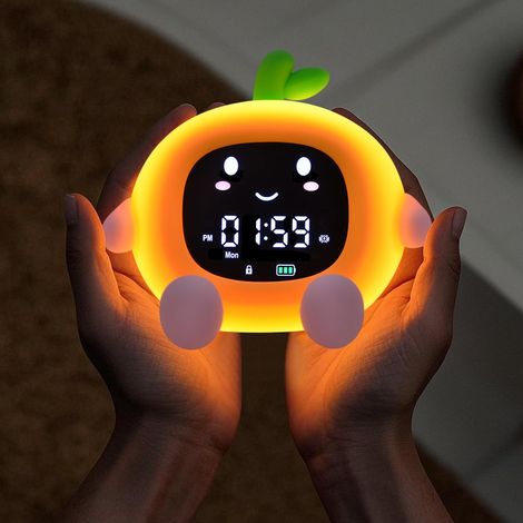 Oranger Wecker, Fruchtiges Nachtlicht, Multifunktional, Led, Berührungsempfindlich, Silikon, Mit Timer, Ce-zertifiziertes Nachtlicht Und Handyhalterung.