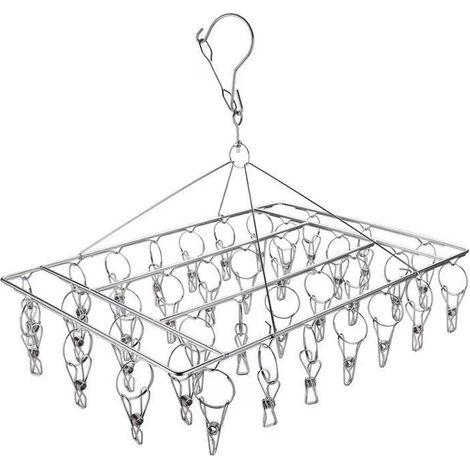Sockenhalter Aus Metall, Wäscheständer Aus Edelstahl Mit 36 Wäscheklammern Und Drehbarem Haken, Windfester Quadratischer Metallkleiderbügel