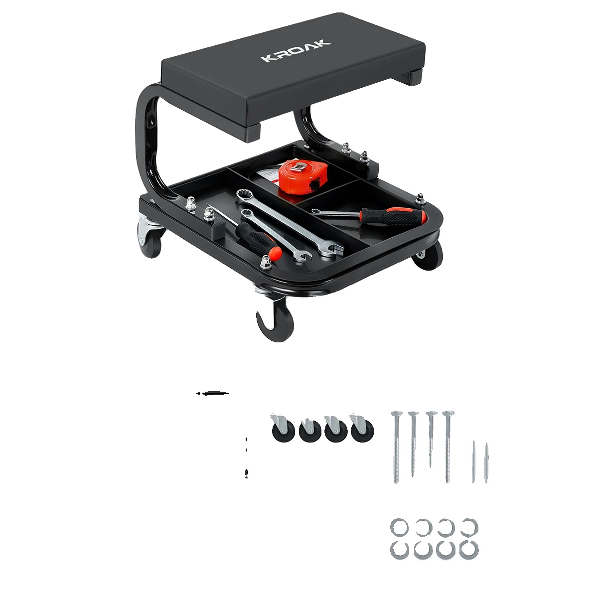 Werkstatthocker, Tragkraft 120 Kg, Metallrahmen, Gepolsterter Sitz, Inklusive Werkzeugablage, Benutzerfreundliches Design