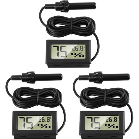 Set Mit 3 Thermometer-hygrometern, 1,5 M Lange Externe Sonde, Lcd-display, Temperatur -50 Bis 70 °c, Luftfeuchtigkeit 10 Bis 90 %, Aquarium, Reptilien