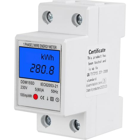 Stromzähler, Einphasig 5–80 A, Hintergrundbeleuchtetes Lcd-display, 35-mm-din-schiene, Kwh-messung