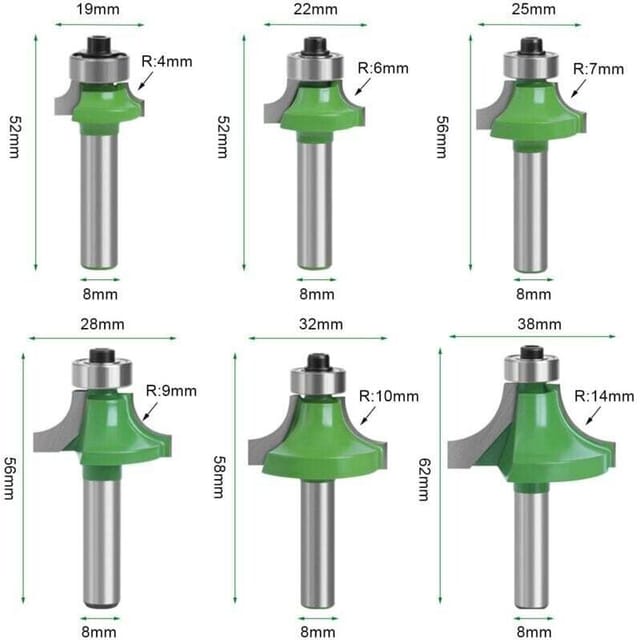 Set Mit 6 8-mm-holzfräsern, Viertelrundfräsern Mit 8-mm-schaft, Abgerundeter Nut Für Die Holzbearbeitung (6)
