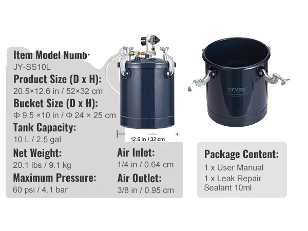 Druckfarbdose, 10 L Fassungsvermögen, Einstellbarer Druck, 10 L 60 Psi 4,1 Bar