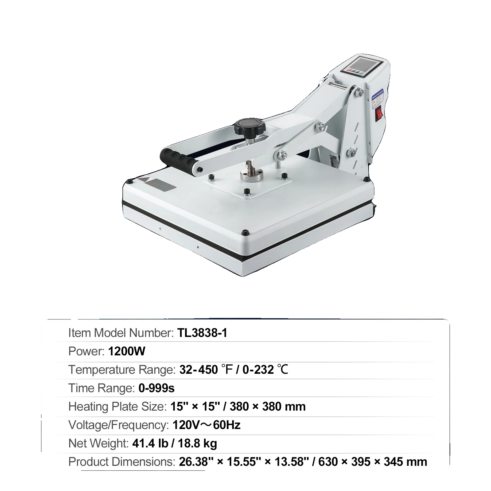 Transferpresse, Digitale Steuerung, Teflonisolierung, Weiß, 15 X 15 Zoll