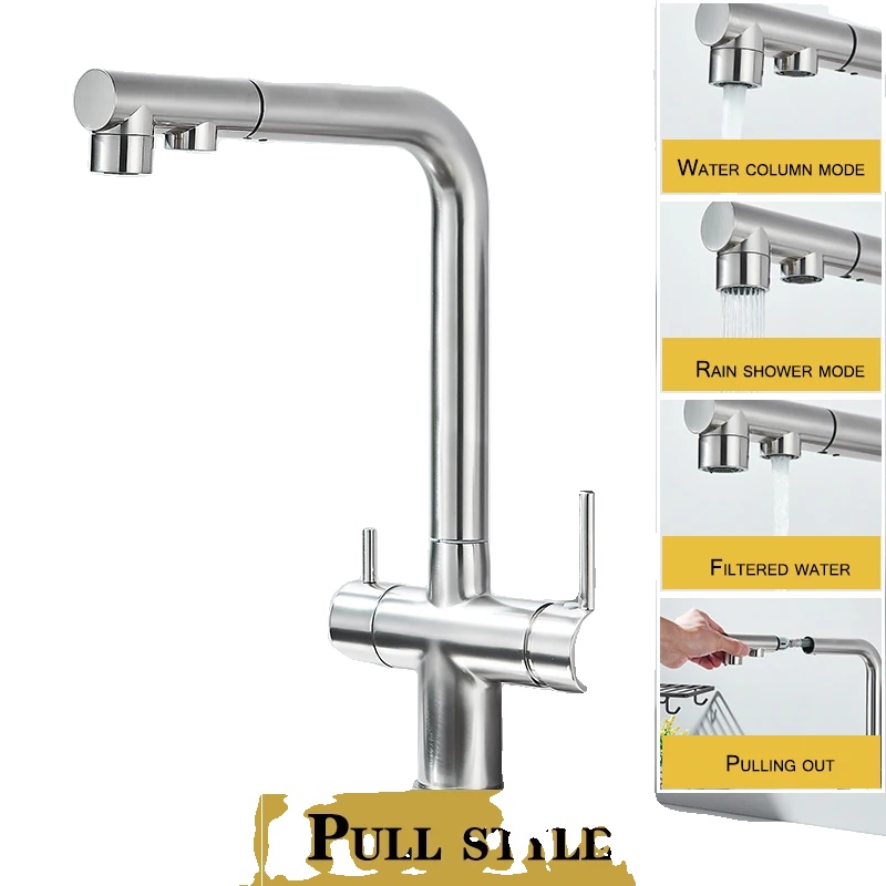 Küchenarmatur, Zweigriffarmatur, Ausziehbrause, Nickel