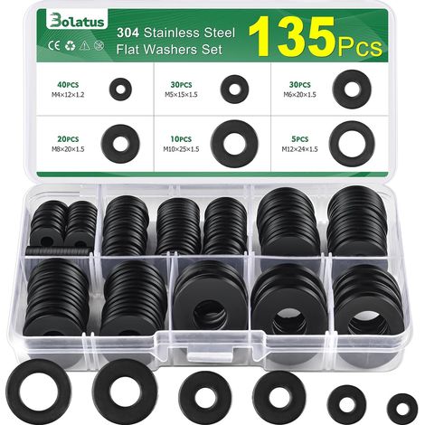 Packung Mit 135 Bolatus Edelstahl-flachscheiben – 6 Größen – Karosseriescheiben M4, M5, M6, M8, M10, M12, Für Schrauben Und Muttern