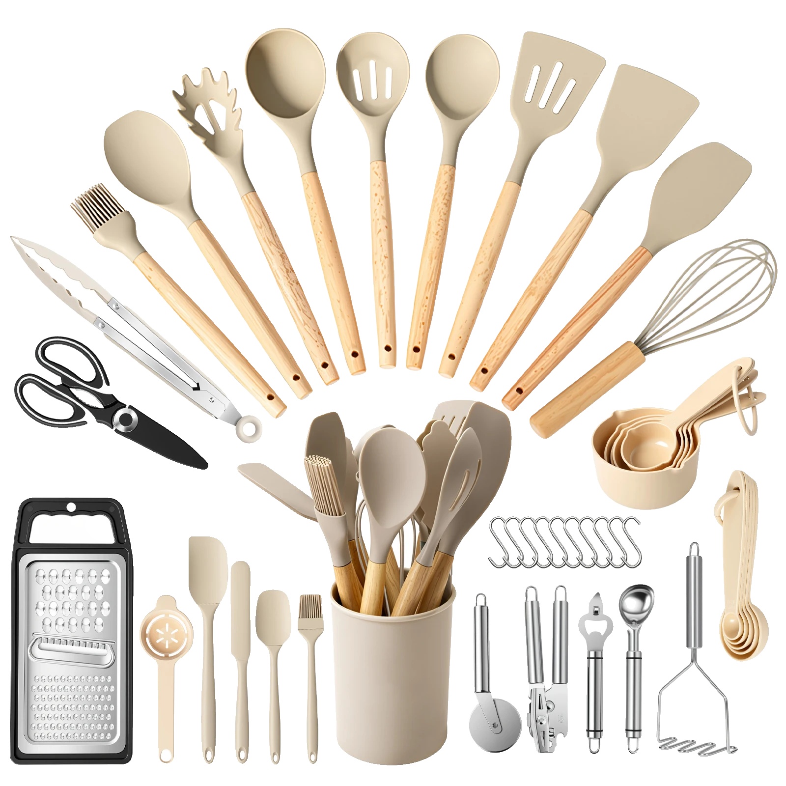 Küchenhelfer-set, 44-teiliges Silikon-werkzeugset, Hitzebeständig, Farbe Khaki