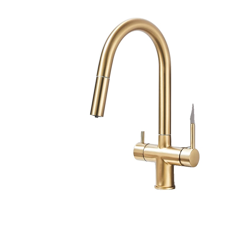 Küchenarmatur, Doppelgriff, 360° Schwenkbar, Gebürstetes Gold