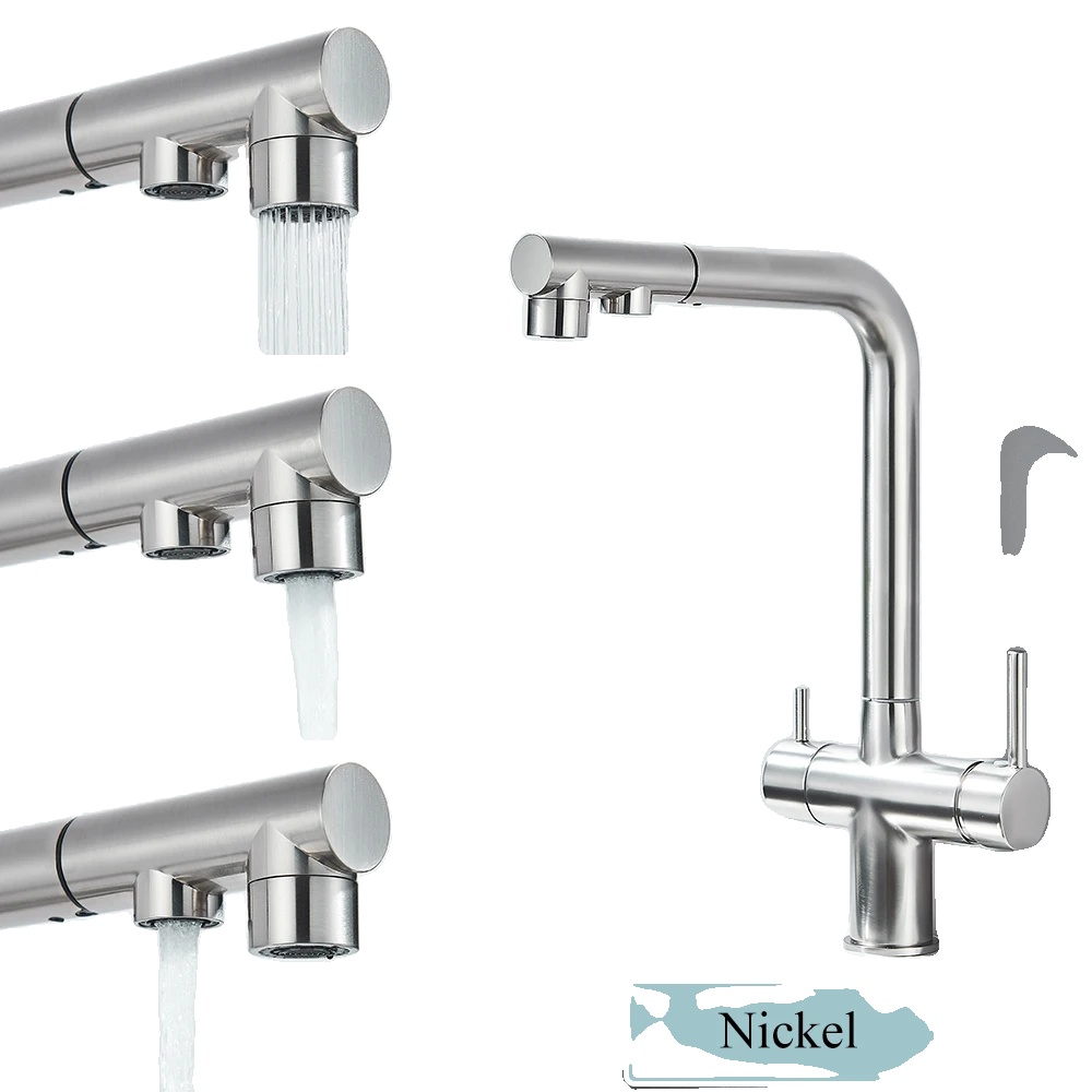 Küchenarmatur, Zweigriffarmatur, Ausziehbrause, Gebürstetes Nickel