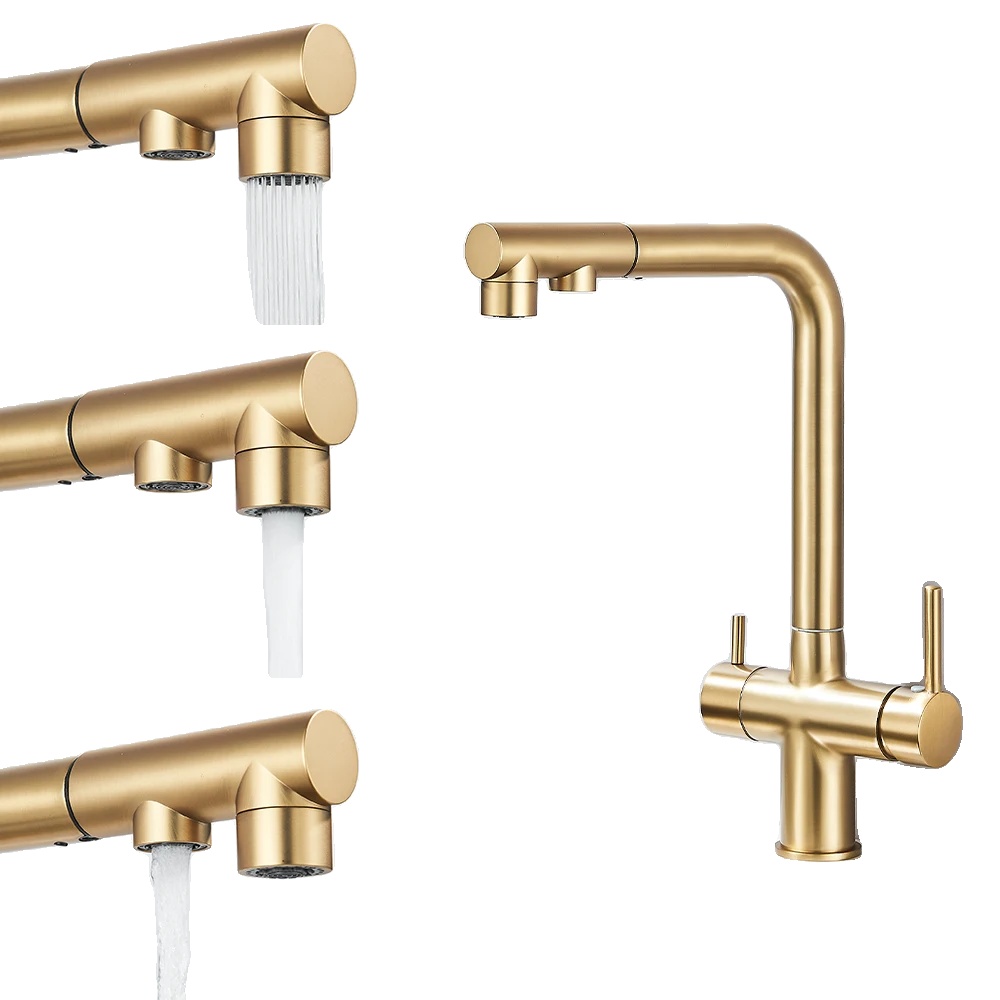Küchenarmatur, Zweigriffarmatur, Ausziehbrause, Gebürstetes Gold