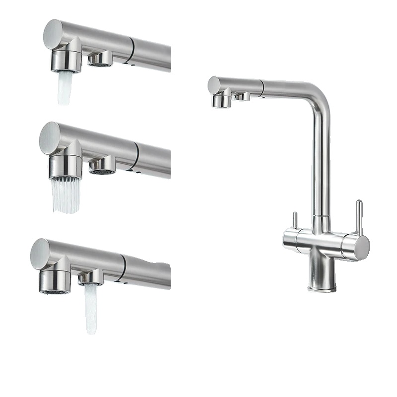 Küchenarmatur, Zwei Temperaturstufen, Ausziehbarer Brausekopf, Gebürstetes Nickel