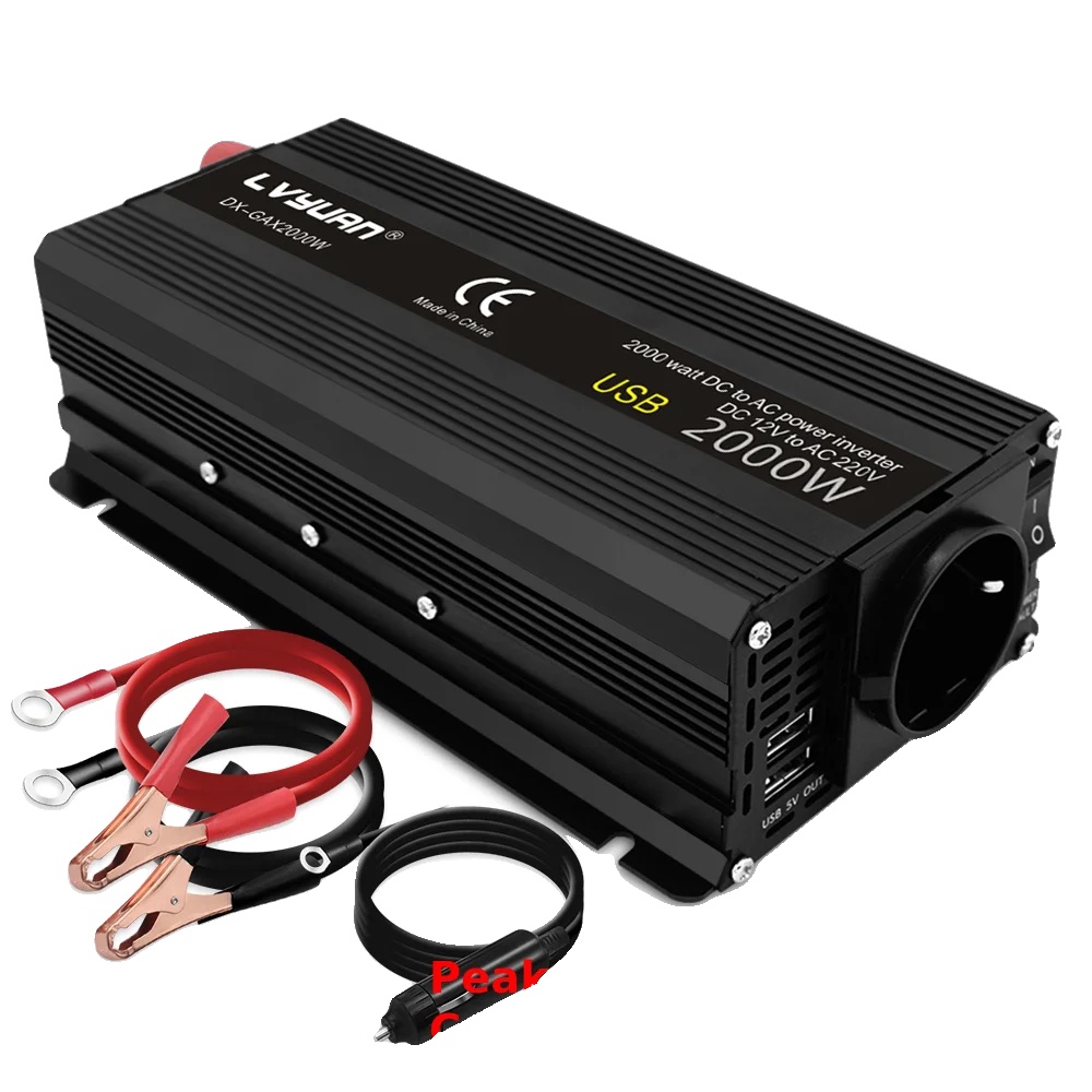 Wechselrichter, Modifizierte Sinuswelle, Zwei Usb-anschlüsse, 12 V, 2000 W, Eu, 220–240 V, 12 V
