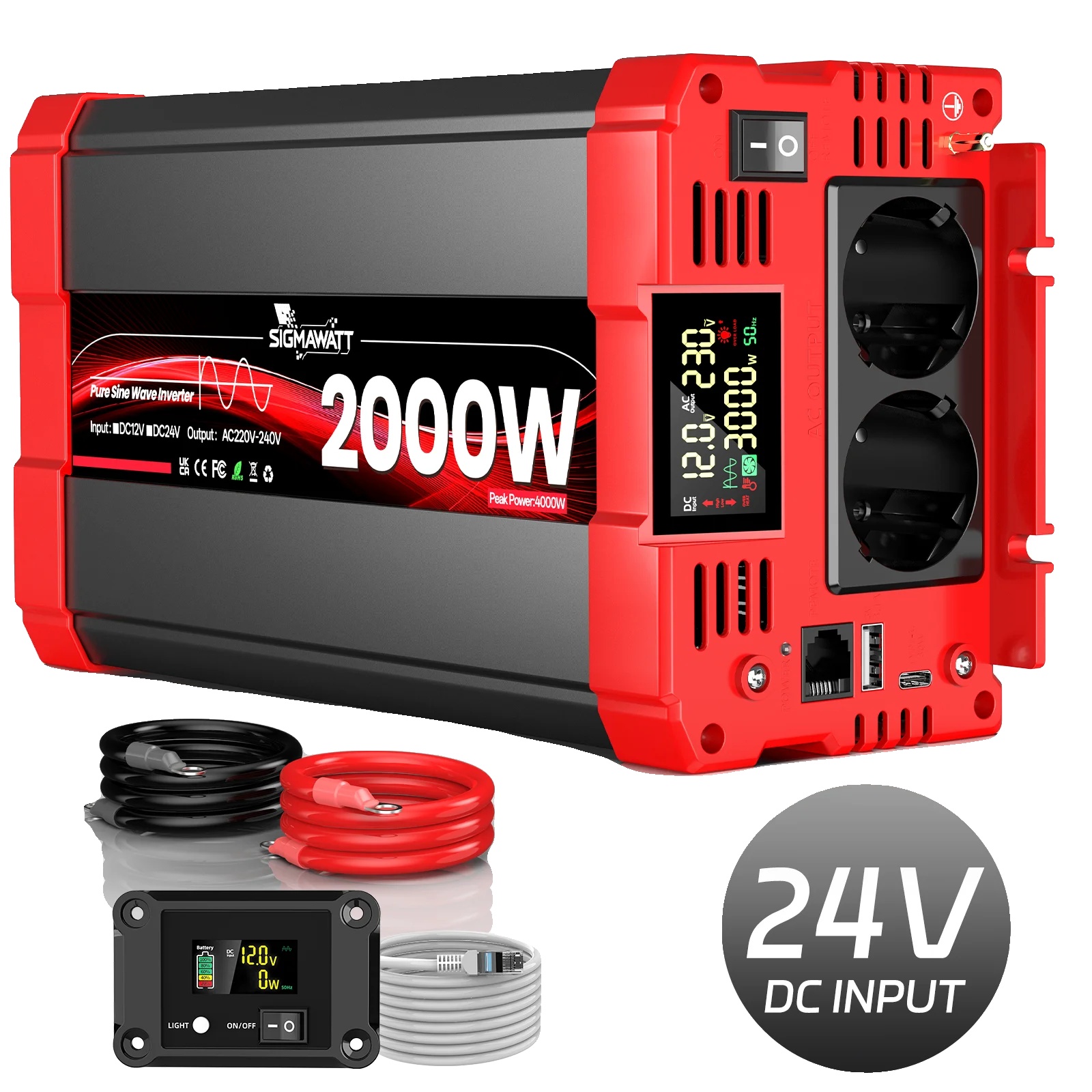 Wechselrichter, Reine Sinuswelle, Fernbedienung, 24 V 2000 W (4000 W Spitzenleistung)