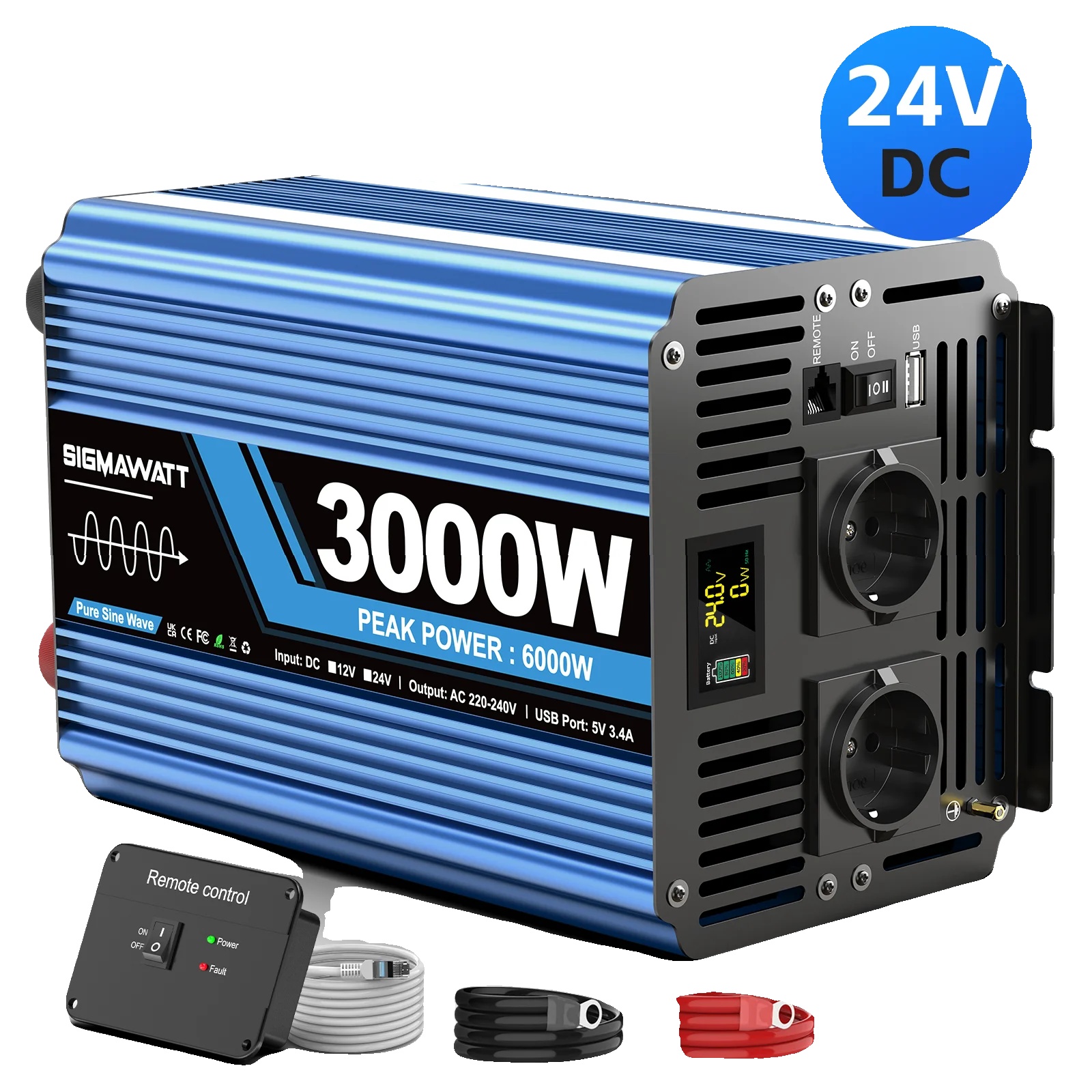 Wechselrichter, 3000 W Nennleistung, 6000 W Spitzenleistung, 24 V 3000 W (6000 W Spitzenleistung)