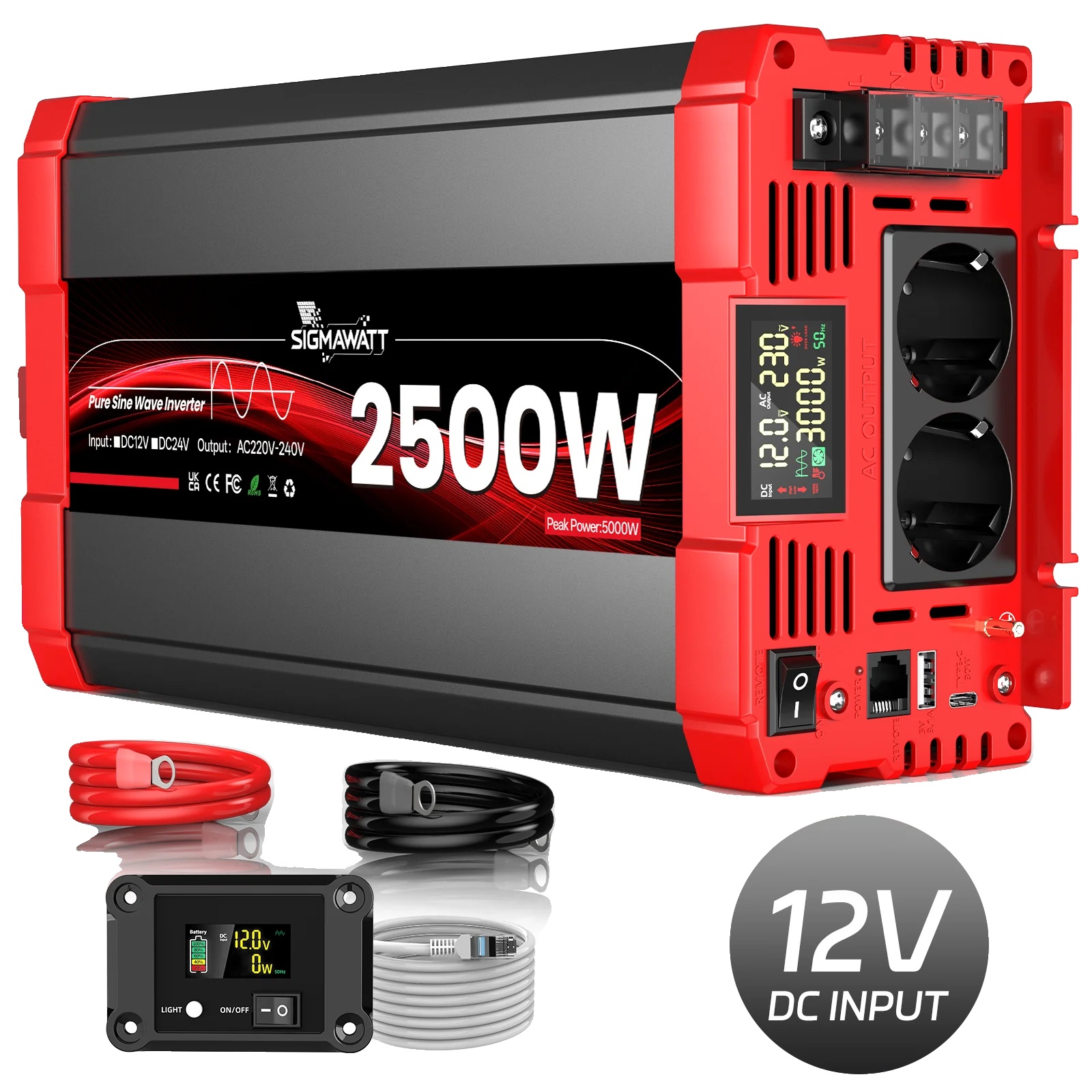 Wechselrichter, Benutzerfreundliche Steuerung, Hohe Effizienz, 12 V 2500 W (5000 W Spitzenleistung)