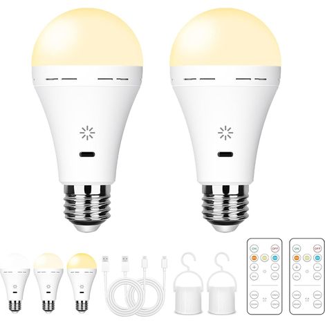 Wiederaufladbare Usb-glühbirne Mit Fernbedienung, 3 Farbtemperaturen, Dimmbare E27-led, Batteriebetrieben, 7 W, Touch-steuerung Mit Timer, Not-aus-funktion Mit Haken, 2600 Mah, 2er-pack
