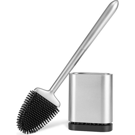 Silikon-wc-bürste, Silikon-wc-bürste Mit Halterung, Schnelltrocknende, Flache Hänge-wc-bürste Mit Langem Griff, Badezimmer-wc-bürste, Freistehend/wandmontiert, Mattes Silber