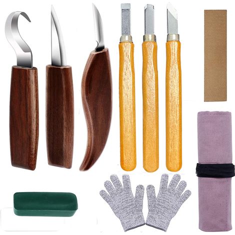 10-in-1 Holzschnitzwerkzeug-set, Holzschnitzset, Hakenmesser, Holzbearbeitungsmesser, Schrägmesser Und 3 Schnitzmesser Für Anfänger Mit Tasche, Schnittfesten Handschuhen Und Anspitzer