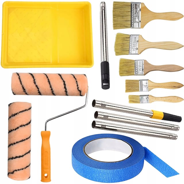 Rosfix Maler-Set Set Orange – 2x Rollen 25 cm, 5 synthetische Pinsel, Wanne, Teleskopstange, Klebeband 40 mm x50 m Innen