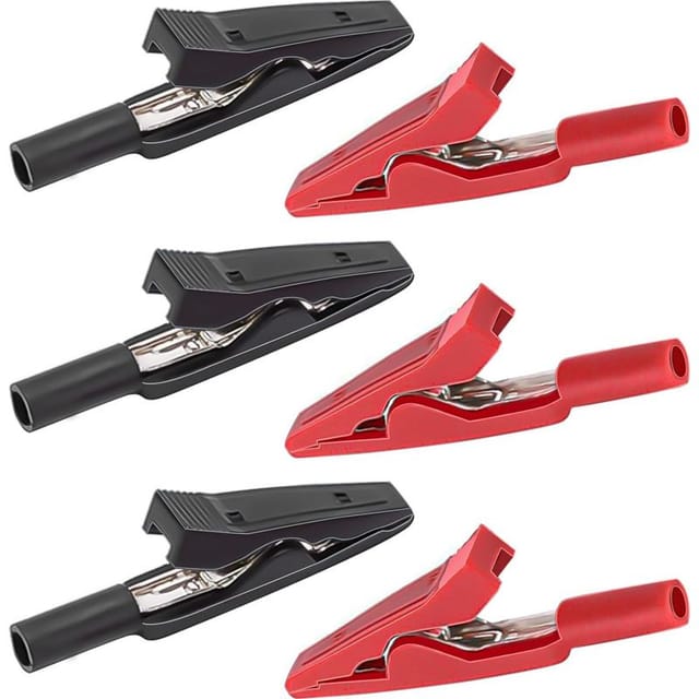Set Mit 6 Krokodilklemmen, 41,5 Mm, Mit Roten Und Schwarzen Kunststoffgriffen, Vernickeltem Messing Mit Pvc-ummantelten Isolierhülsen, Für Elektroarbeiten.