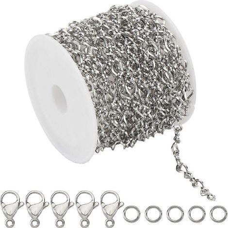 5 M (16,4 Fuß) Lange Spule Aus Gedrehter Edelstahlkette, 7 X 4 Mm Glieder, Set Mit 50 Offenen Ringen Und 20 Karabinerverschlüssen.