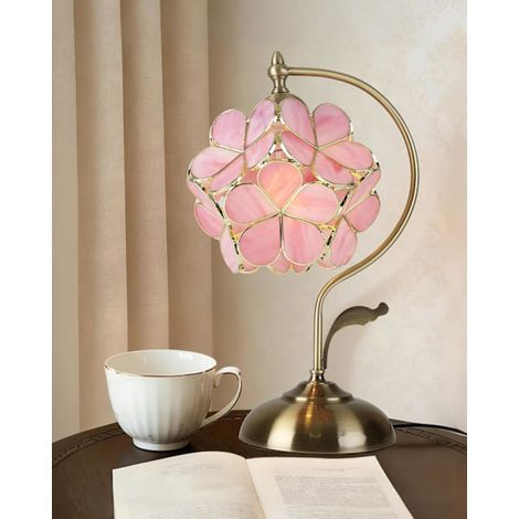 Tiffany-tischlampe Mit Blumenverzierung, Vintage-buntglas Mit Kirschblütenmotiven Und Messingfuß, Ideal Für Schlafzimmer, Nachttisch Oder Als Dekoration, Korallenfarben.