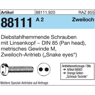 Schraube R 88111 diebstahlhemmend Liko/Zweiloch M 4 x 6 A 2