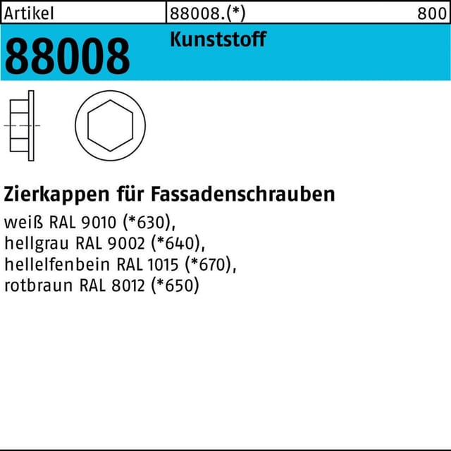 Zierkappe R 88008 F. SW 3/8 Kunststoff hellelfenbein